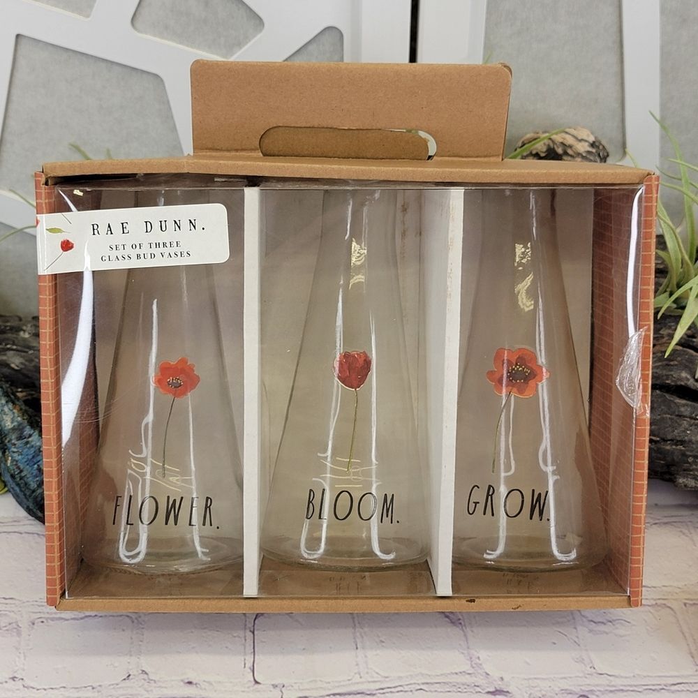 Rae Dunn BLOOM, FLOWER, GROW Set of 3 Glass Bud Vases